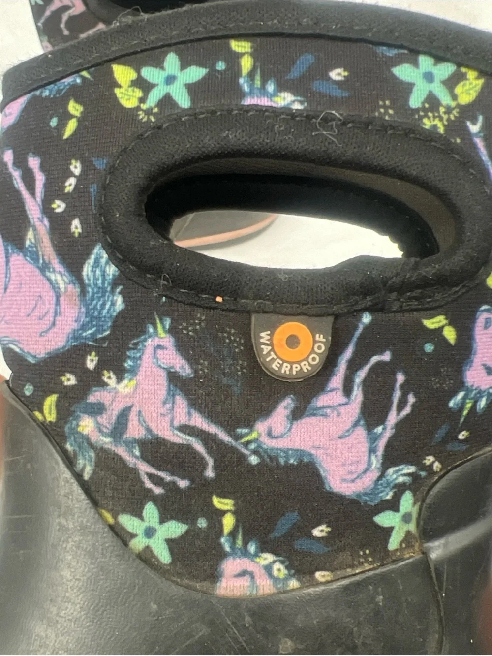 Bogs Kids Black Rain Boots with Purple Unicorns and Blue Floral Accents